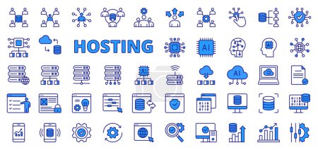 Hosting business, in line design, blue. Hosting, Business, Server, Cloud, Web, Internet, Data on white background vector Hosting business editable stroke icons
