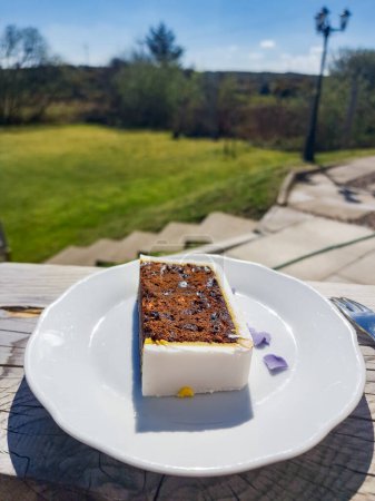 Téléchargez les photos : Gâteau aux fruits servi dans une assiette à l'extérieur au soleil. - en image libre de droit