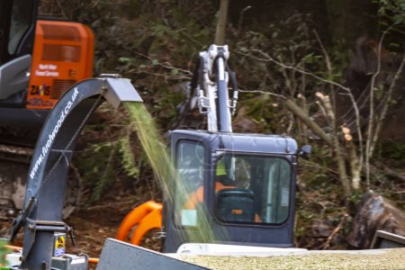 Téléchargez les photos : PORTNOO, CPUNTY DONEGAL, IRLANDE - 19 OCTOBRE 2022 : Travailleurs abattant et déchiquetant arbres, arbustes et buissons - en image libre de droit