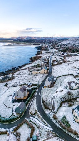 Aerial view of snow covered Portnoo in County Donegal, Ireland