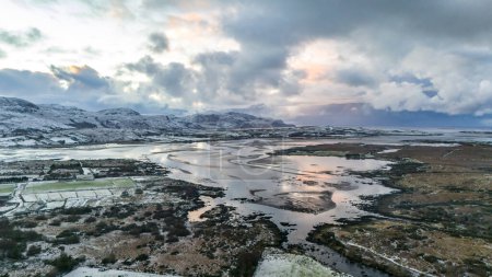 Aerial view of a snow covered Ardara in County Donegal - Ireland.