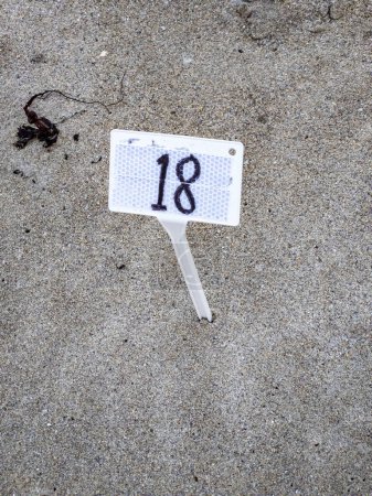 Téléchargez les photos : Signe avec le numéro 18 à la plage de sable fin. - en image libre de droit