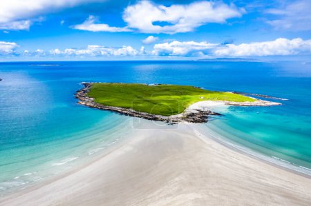 Aerial view of the Inishkeel and the awarded Narin Beach by Portnoo, County Donegal, Ireland.