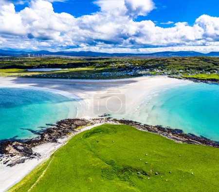Aerial view of the Inishkeel and the awarded Narin Beach by Portnoo, County Donegal, Ireland.