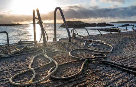 Emergency ladder and ropes at coastal harbour.