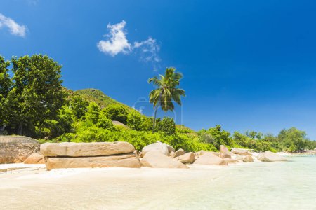 Téléchargez les photos : Belle plage Anse Takamaka vue depuis les rochers de granit, île de Praslin, Seychelles. Panorama - en image libre de droit