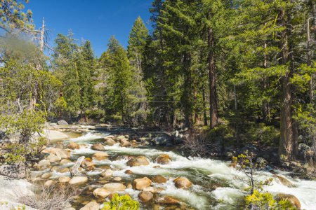 Téléchargez les photos : Rivière sauvage Merced avec de l'eau turquoise et de nombreux rochers dans le parc national Yosemite. Californie, États-Unis - en image libre de droit