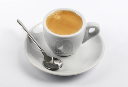 Photo for Cup of espresso with saucer and spoon on white background - Royalty Free Image