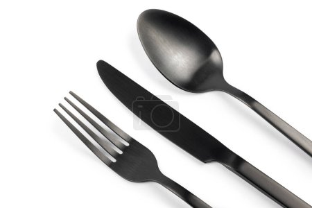 Photo for Black Silverware Set. Fork, knife and spoon on white background - Royalty Free Image