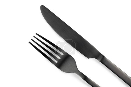 Photo for Black Silverware Set. Fork and knife on white background - Royalty Free Image