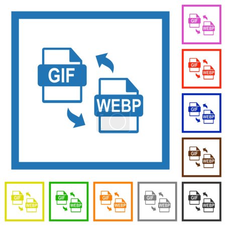 Téléchargez les illustrations : GIF WEBP conversion de fichiers icônes de couleur plates dans des cadres carrés sur fond blanc - en licence libre de droit