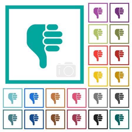 Illustration for Left handed thumbs down solid flat color icons with quadrant frames on white background - Royalty Free Image