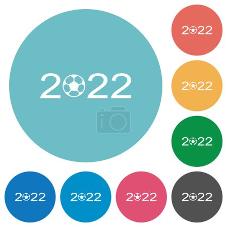 Ilustración de Torneo de fútbol 2022 iconos blancos planos sobre fondos de color redondo - Imagen libre de derechos