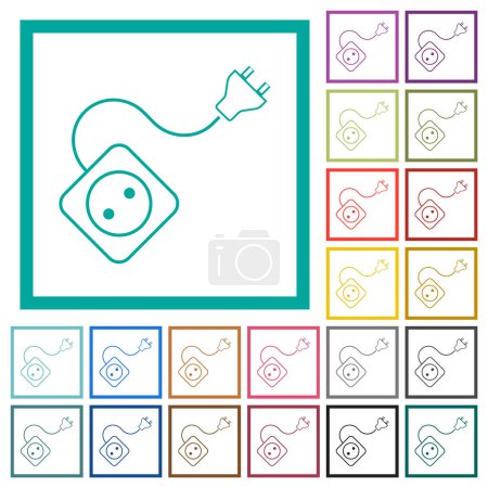 Illustration for Portable electrical outlet with one socket and extension cord and plug outline flat white icons on round color backgroun flat white icons on round color backgrounds. 6 bonus icons included. - Royalty Free Image