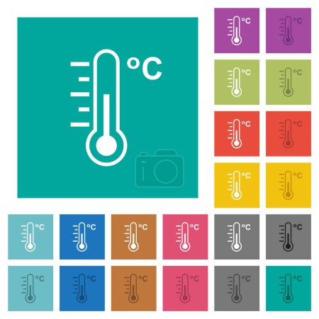 Illustration for Celsius thermometer medium temperature multi colored flat icons on plain square backgrounds. Included white and darker icon variations for hover or active effects. - Royalty Free Image