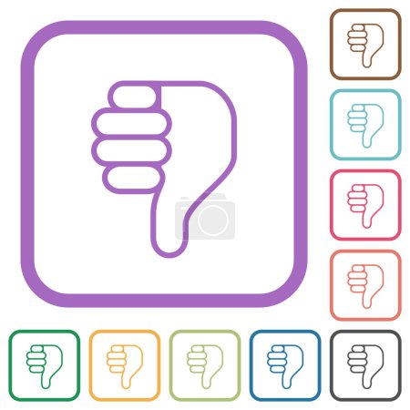 Illustration for Right handed thumbs down outline simple icons in color rounded square frames on white background - Royalty Free Image