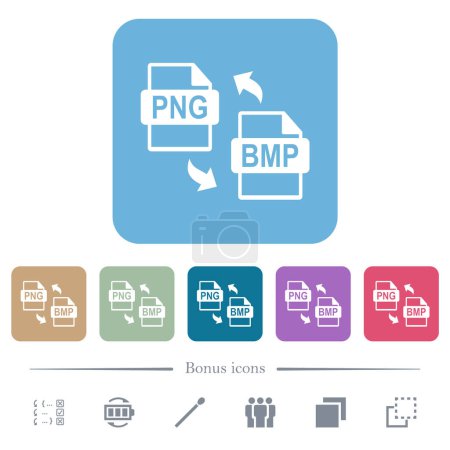 Téléchargez les illustrations : PNG BMP conversion de fichiers icônes plates blanches sur fond carré arrondi couleur. 6 icônes bonus incluses - en licence libre de droit