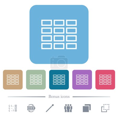 Illustration for Spreadsheet table outline white flat icons on color rounded square backgrounds. 6 bonus icons included - Royalty Free Image