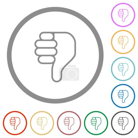Illustration for Right handed thumbs down outline flat color icons in round outlines on white background - Royalty Free Image
