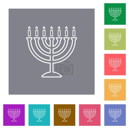 Illustration for Menorah with burning candles outline flat icons on simple color square backgrounds - Royalty Free Image