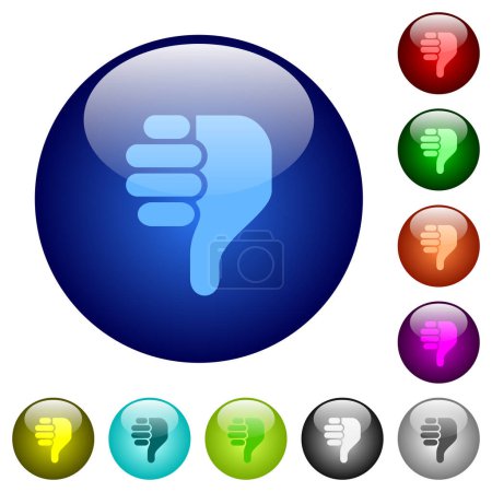 Illustration for Right handed thumbs down solid icons on round glass buttons in multiple colors. Arranged layer structure - Royalty Free Image