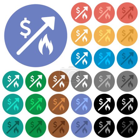 Illustration for Rising gas energy american dollar prices multi colored flat icons on round backgrounds. Included white, light and dark icon variations for hover and active status effects, and bonus shades. - Royalty Free Image