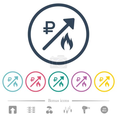 Illustration for Rising gas energy russian Ruble prices flat color icons in round outlines. 6 bonus icons included. - Royalty Free Image