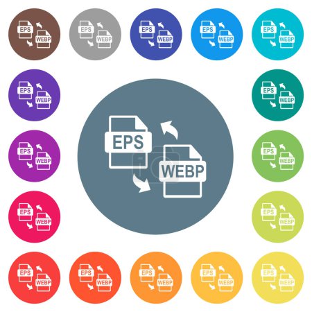 Illustration for EPS WEBP file conversion flat white icons on round color backgrounds. 17 background color variations are included. - Royalty Free Image