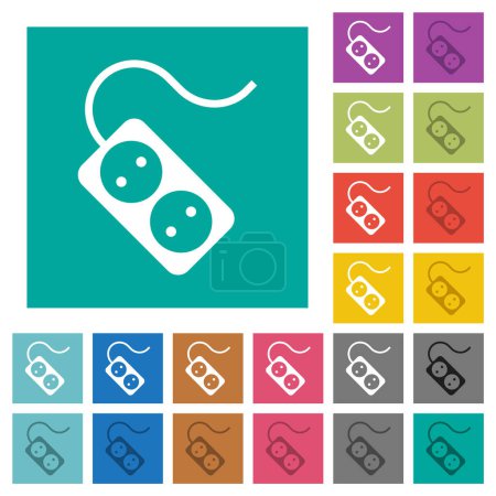Illustration for Portable electrical outlet with two sockets and cord solid multi colored flat icons on plain square backgrounds. Included white and darker icon variations for hover or active effects. - Royalty Free Image