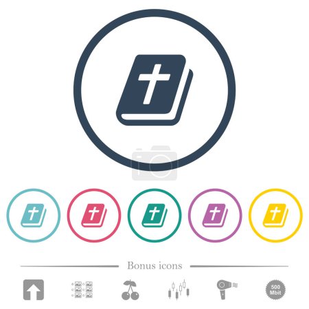 Illustration for Holy bible flat color icons in round outlines. 6 bonus icons included. - Royalty Free Image