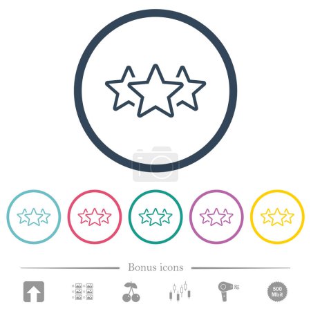 Ilustración de Clasificación de tres estrellas esbozan iconos de color plano en contornos redondos. 6 iconos de bonificación incluidos. - Imagen libre de derechos