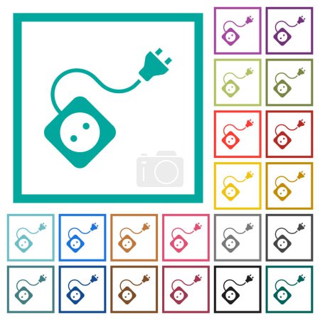 Illustration for Portable electrical outlet with one socket and extension cord and plug solid flat color icons with quadrant frames on white background - Royalty Free Image