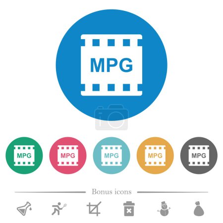 Téléchargez les illustrations : Format de film MPG icônes blanches plates sur fond rond de couleur. 6 icônes bonus incluses. - en licence libre de droit