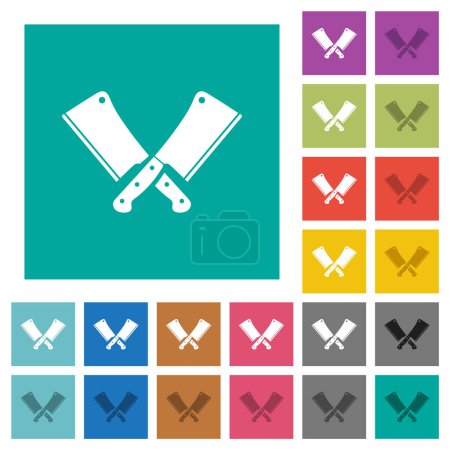 Illustration for Two crossed meat cleavers multi colored flat icons on plain square backgrounds. Included white and darker icon variations for hover or active effects. - Royalty Free Image