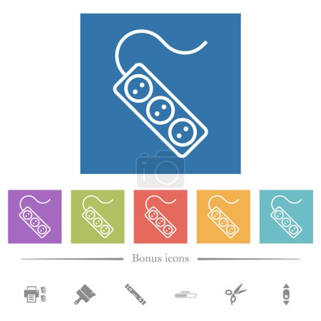 Illustration for Portable electrical outlet with three sockets and cord outline flat white icons in square backgrounds. 6 bonus icons included. - Royalty Free Image