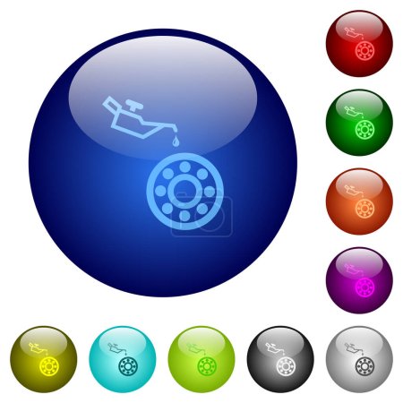 Ölkanister und Lagersymbole auf runden Glasknöpfen in mehreren Farben. Geordnete Schichtstruktur