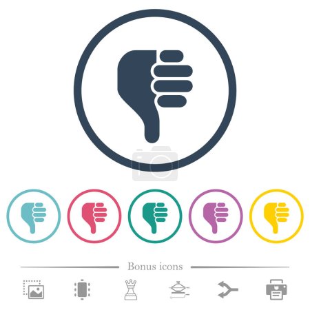 Illustration for Left handed thumbs down solid flat color icons in round outlines. 6 bonus icons included. - Royalty Free Image
