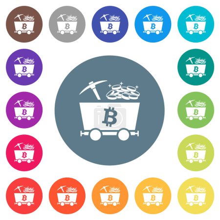 Illustration for Bitcoin cryptocurrency mining with treasure flat white icons on round color backgrounds. 17 background color variations are included. - Royalty Free Image