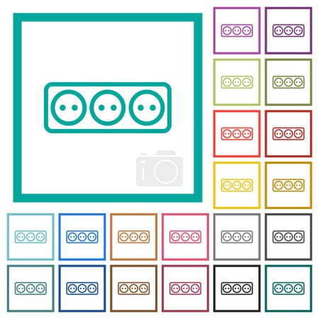 Illustration for Electrical outlet with three sockets outline flat color icons with quadrant frames on white background - Royalty Free Image