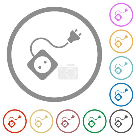 Illustration for Portable electrical outlet with one socket and extension cord and plug solid flat color icons in round outlines on white background - Royalty Free Image