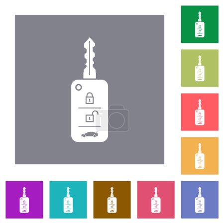 Téléchargez les illustrations : Clé de voiture avec télécommande icônes plates sur fond carré de couleur simple - en licence libre de droit