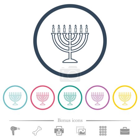 Illustration for Menorah with burning candles outline flat color icons in round outlines. 6 bonus icons included. - Royalty Free Image