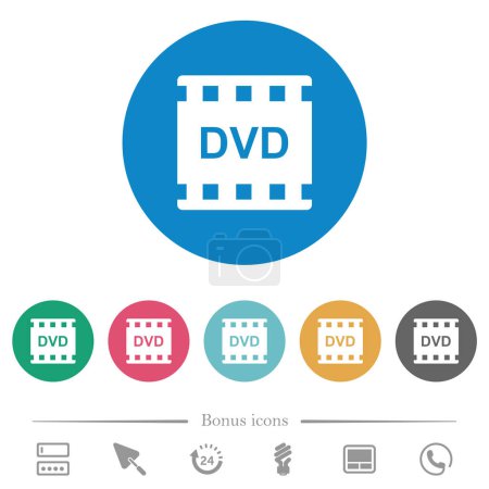 Ilustración de DVD de formato de película plana iconos blancos en fondos de color redondo. 6 iconos de bonificación incluidos. - Imagen libre de derechos