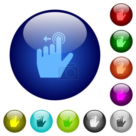 Illustration for Left handed slide left gesture icons on round glass buttons in multiple colors. Arranged layer structure - Royalty Free Image
