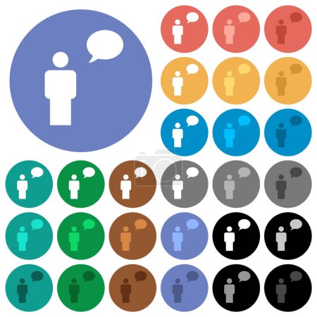 Ilustración de One talking person with oval bubble solid multi colored flat icons on round backgrounds. Included white, light and dark icon variations for hover and active status effects, and bonus shades. - Imagen libre de derechos