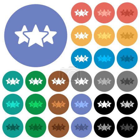 Ilustración de Tres estrellas de calificación sólida iconos planos multicolores en fondos redondos. Incluye variaciones de iconos blancos, claros y oscuros para efectos de flotación y estado activo, y tonos de bonificación. - Imagen libre de derechos