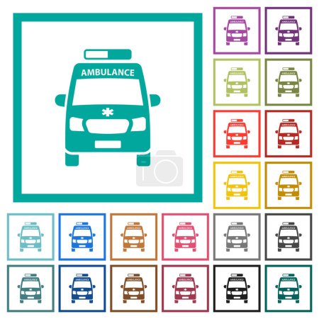 Illustration for Ambulance car front view flat color icons with quadrant frames on white background - Royalty Free Image
