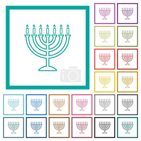 Illustration for Menorah with burning candles outline flat color icons with quadrant frames on white background - Royalty Free Image