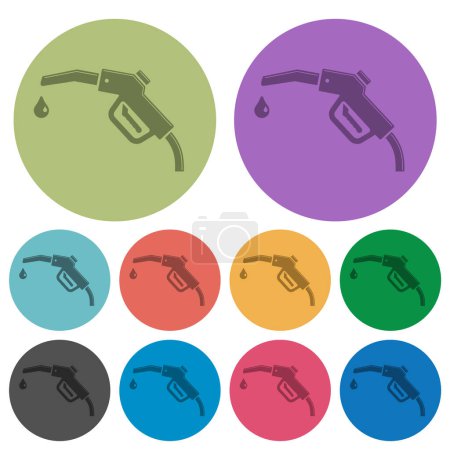 Téléchargez les illustrations : Glossy pompe à essence buse de carburant icônes plates plus sombres sur fond rond de couleur - en licence libre de droit