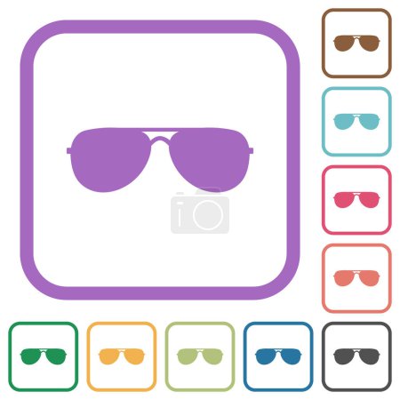 Illustration for Aviator sunglasses simple icons in color rounded square frames on white background - Royalty Free Image
